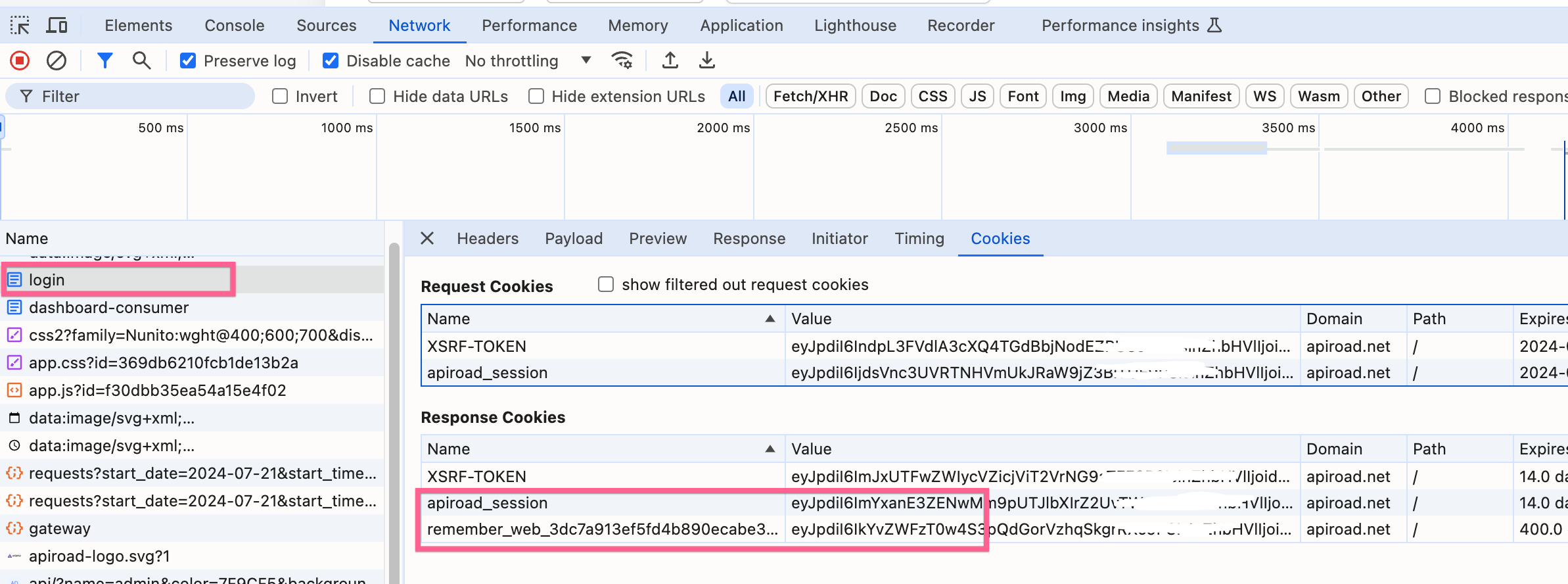 Log in form response cookie