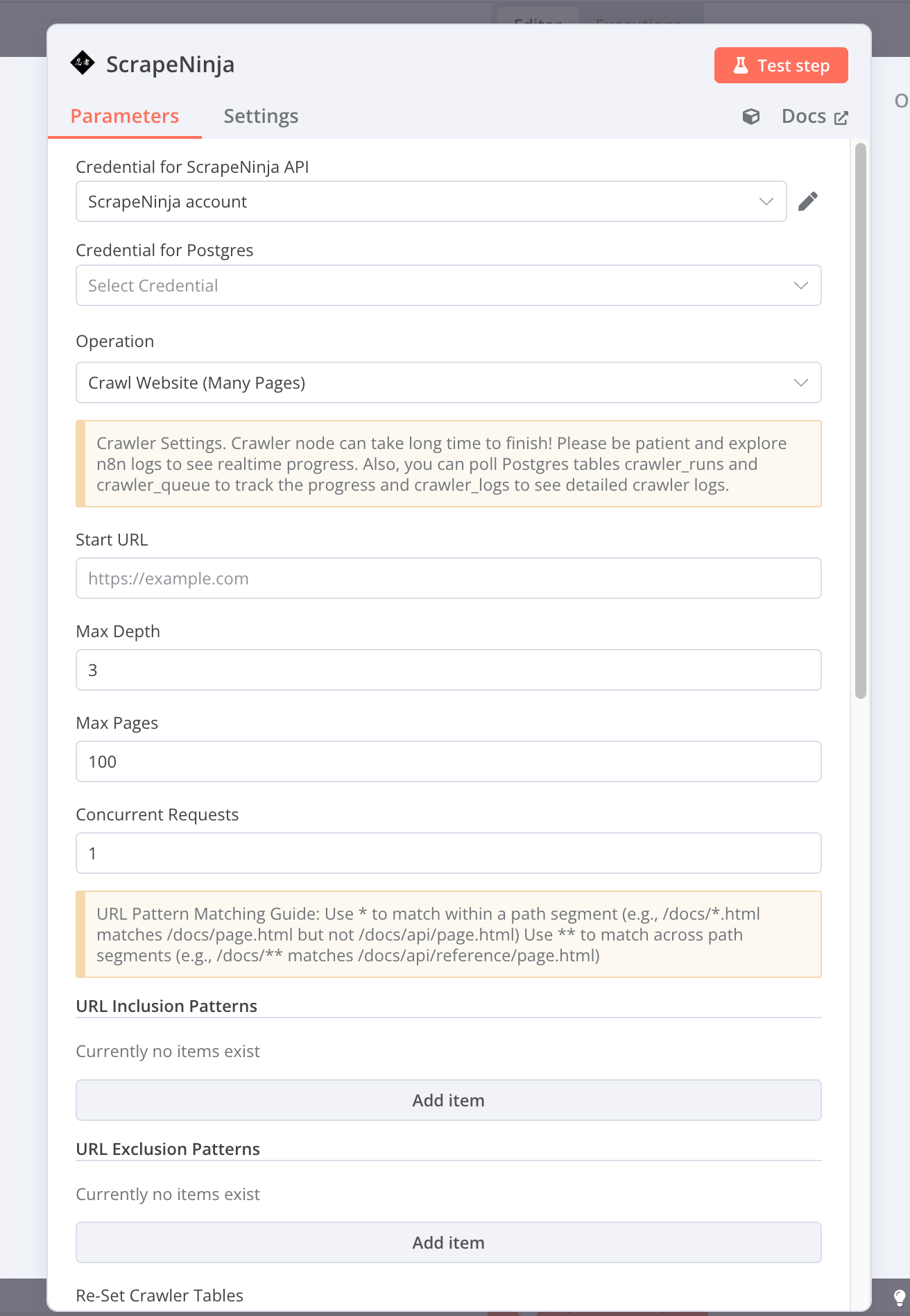 n8n crawl node settings