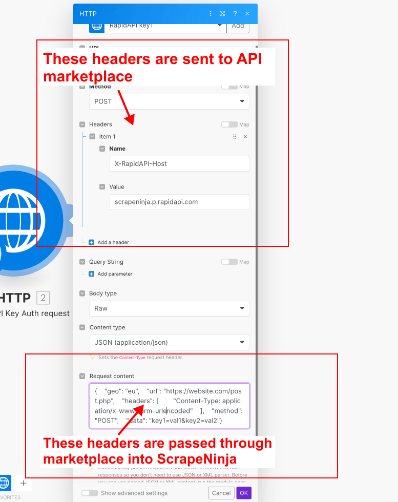 Understanding the nesting of ScrapeNinja payload into API request to API marketplace.
